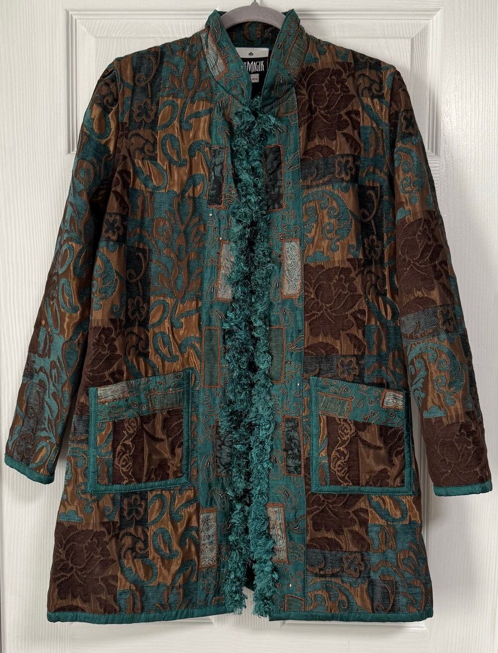 Yak Magik Tapestry Embroidered Patchwork Open Long Line Jacket Size Small
